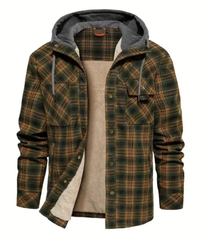 Men's Checkered Jacket with Fleece Lining and Hood 
