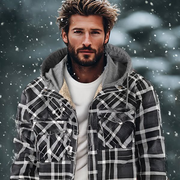 Men's Checkered Jacket with Fleece Lining and Hood 