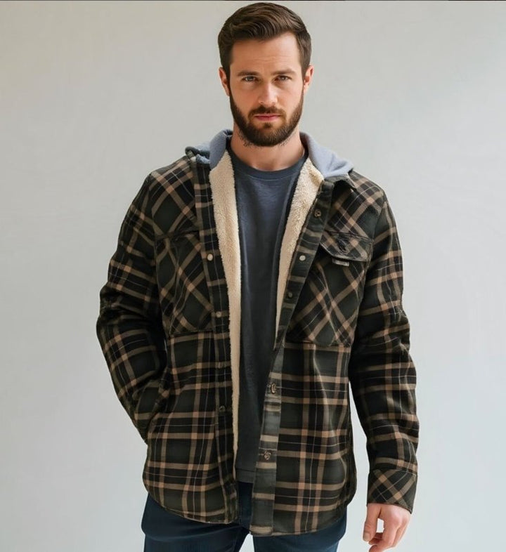 Men's Checkered Jacket with Fleece Lining and Hood 