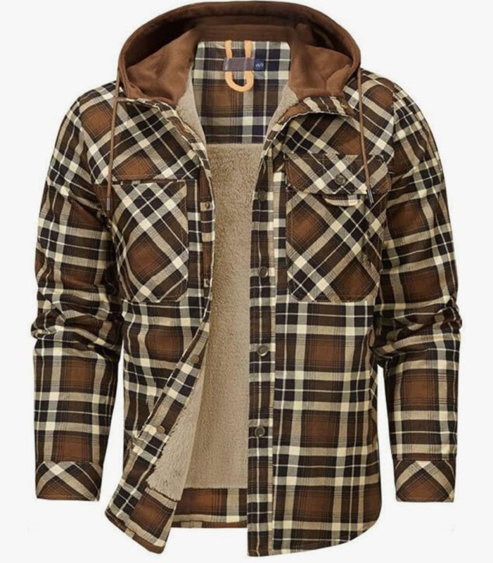 Men's Checkered Jacket with Fleece Lining and Hood 