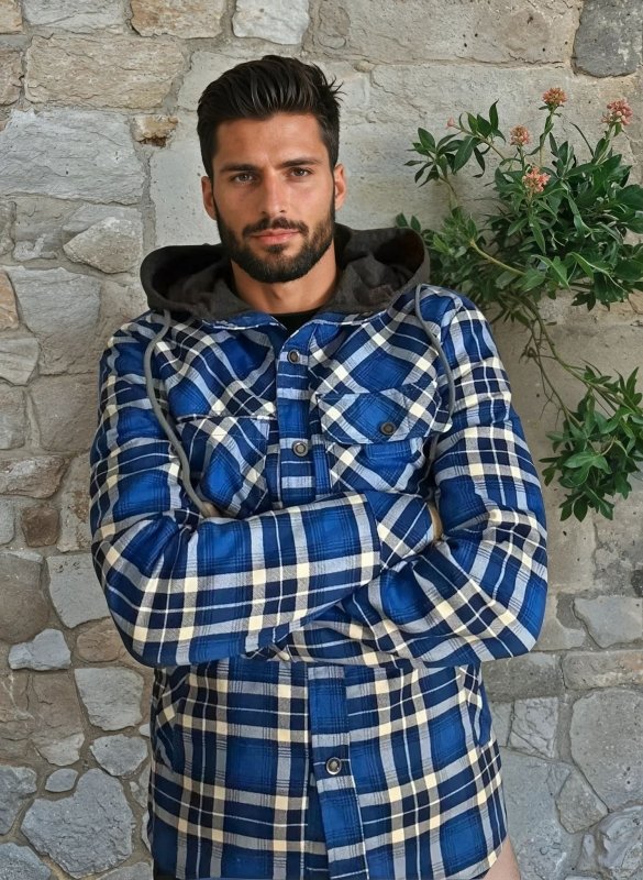 Men's Checkered Jacket with Fleece Lining and Hood 
