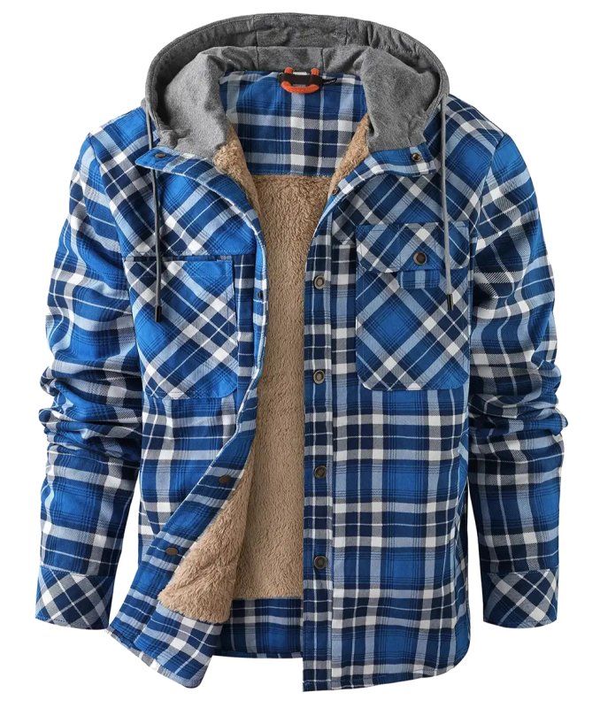 Men's Checkered Jacket with Fleece Lining and Hood 
