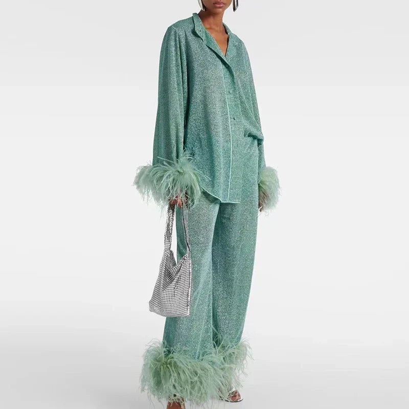 Women's Glitter Two-Piece Set with Feathers