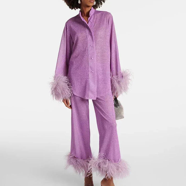 Women's Glitter Two-Piece Set with Feathers