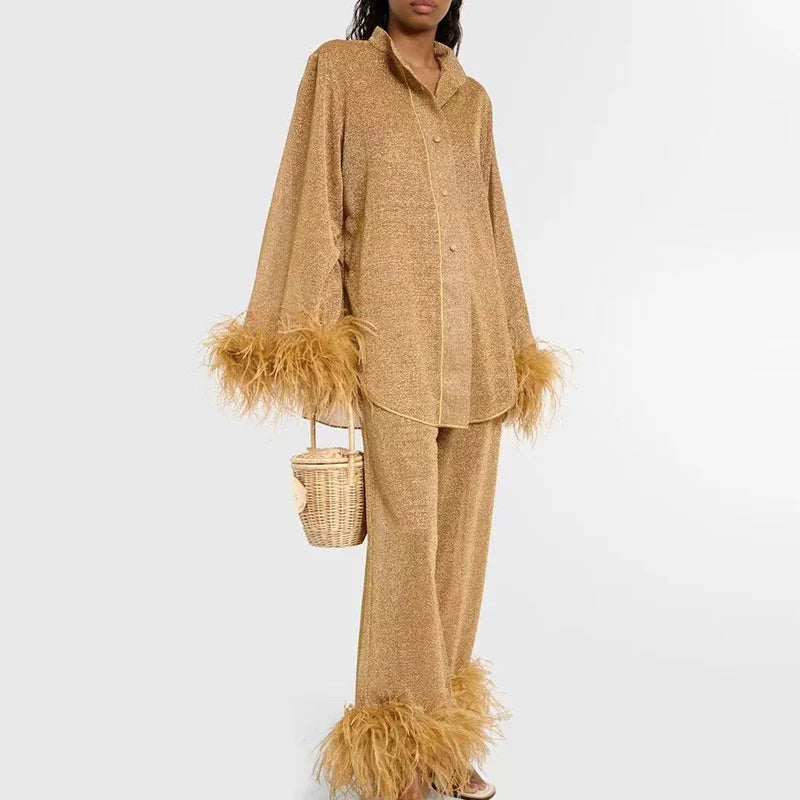 Women's Glitter Two-Piece Set with Feathers