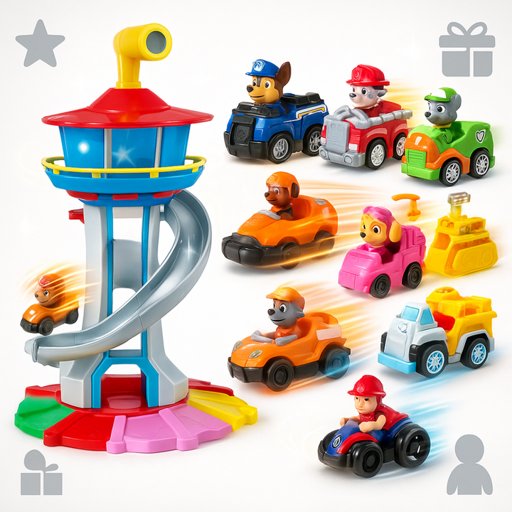 Children's car play set with slide tower