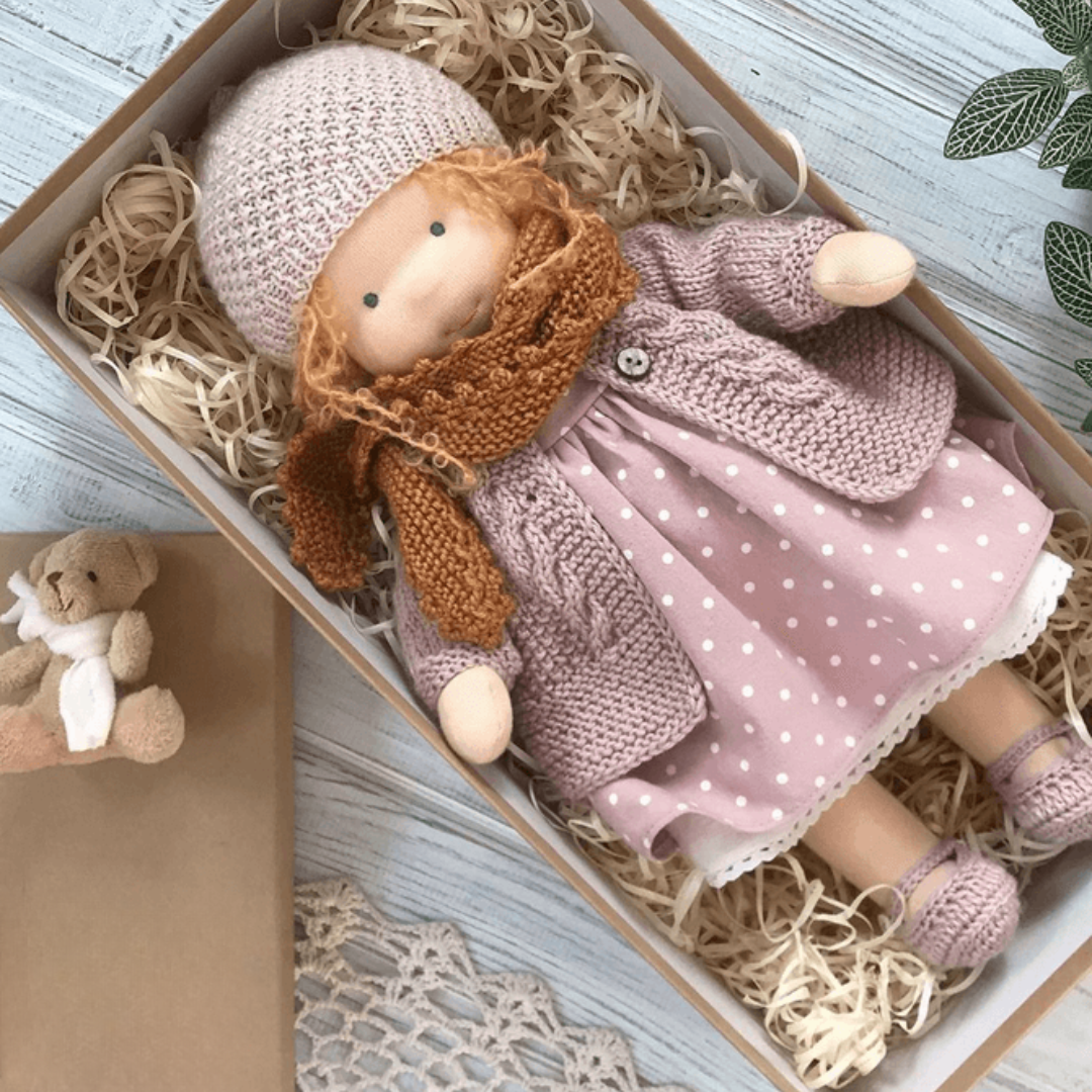 Handmade Waldorf rag doll made of soft plush