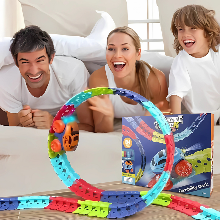 Flexible race track playset with toy car for children 