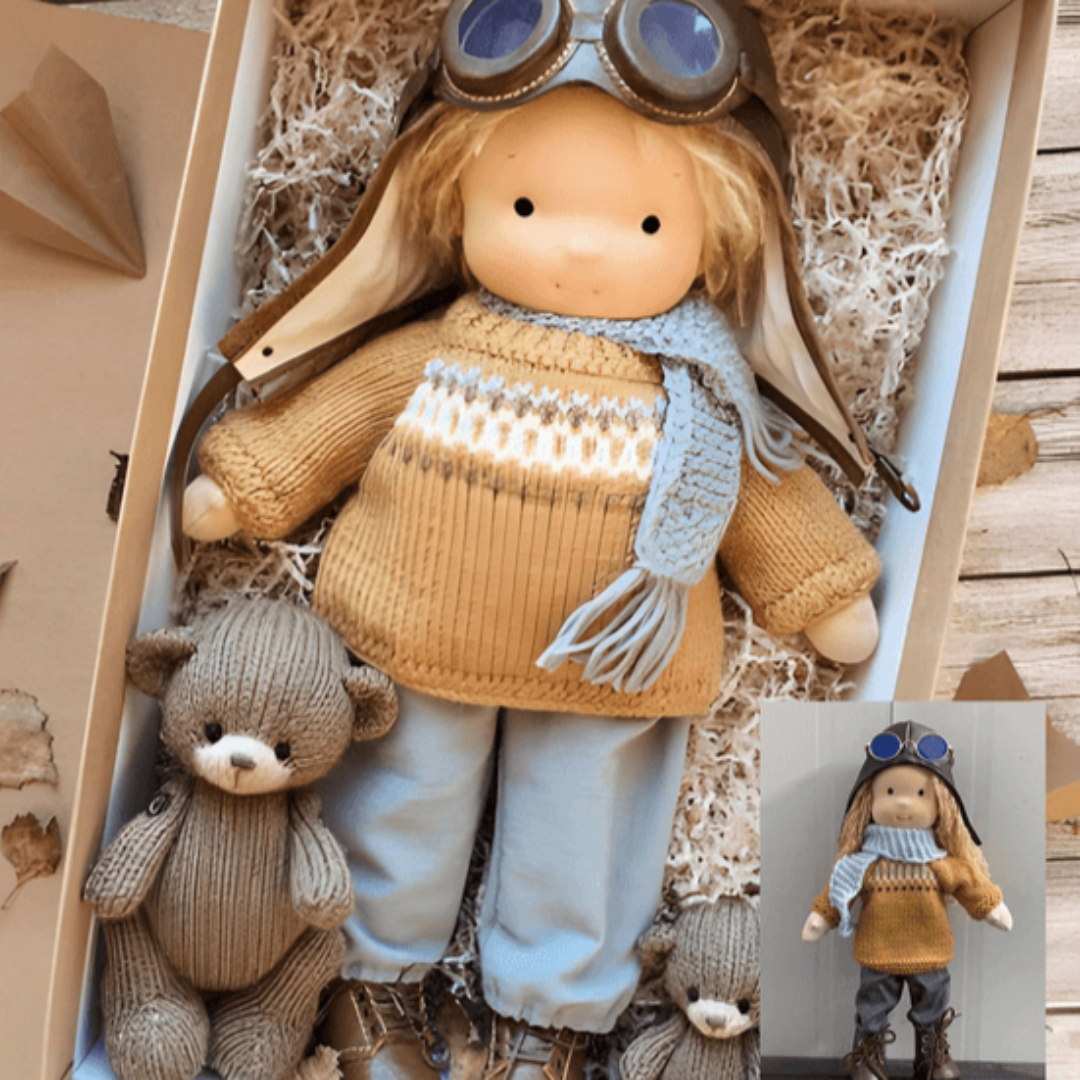 Handmade Waldorf rag doll made of soft plush