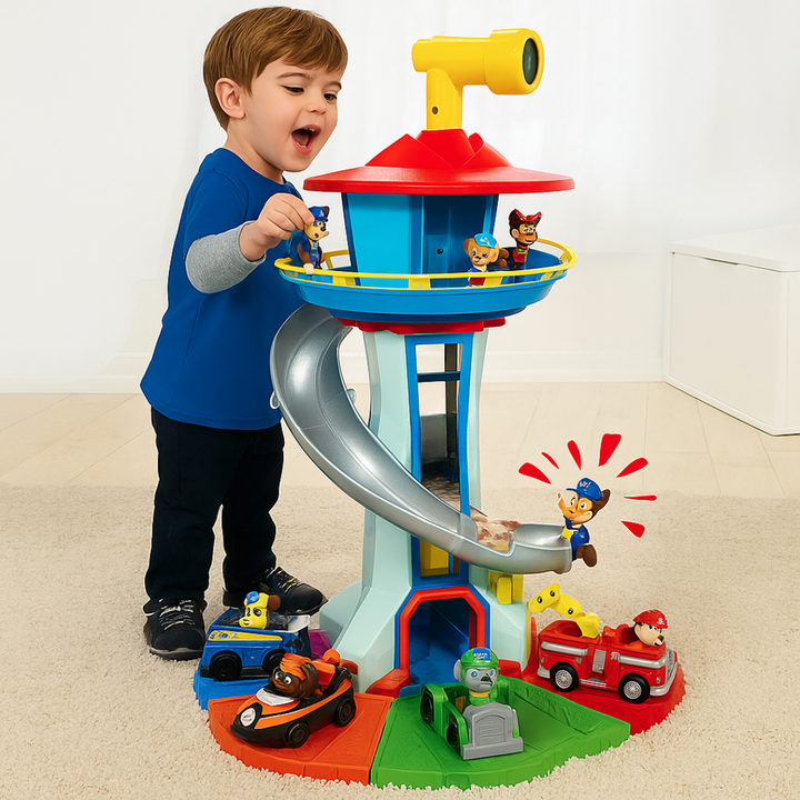 Children's car play set with slide tower