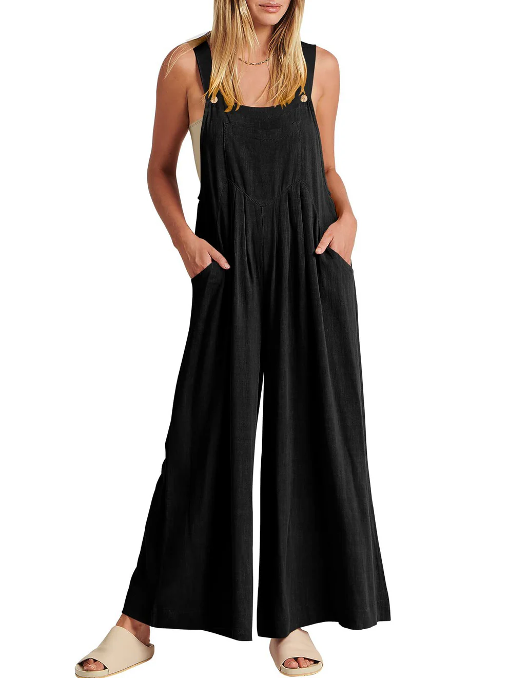 Solid Button-Strap Relaxed Fit Jumpsuit