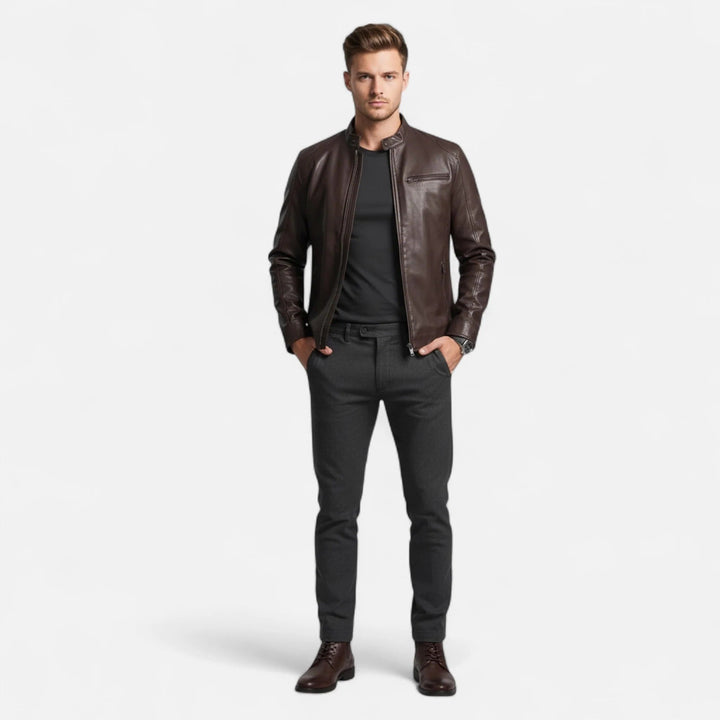 Men's PU Jacket with Stand-Up Collar and Zipper