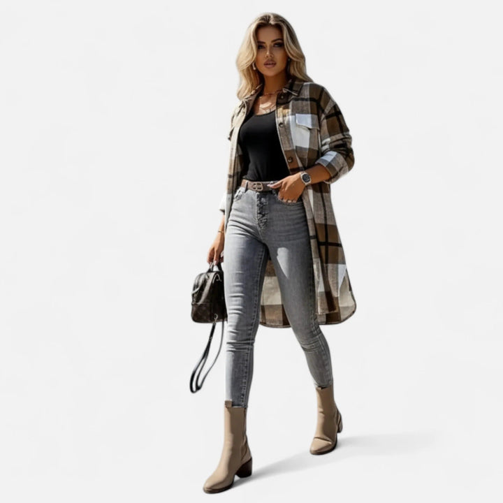Women's Long Checked Shirt Jacket with Button Placket