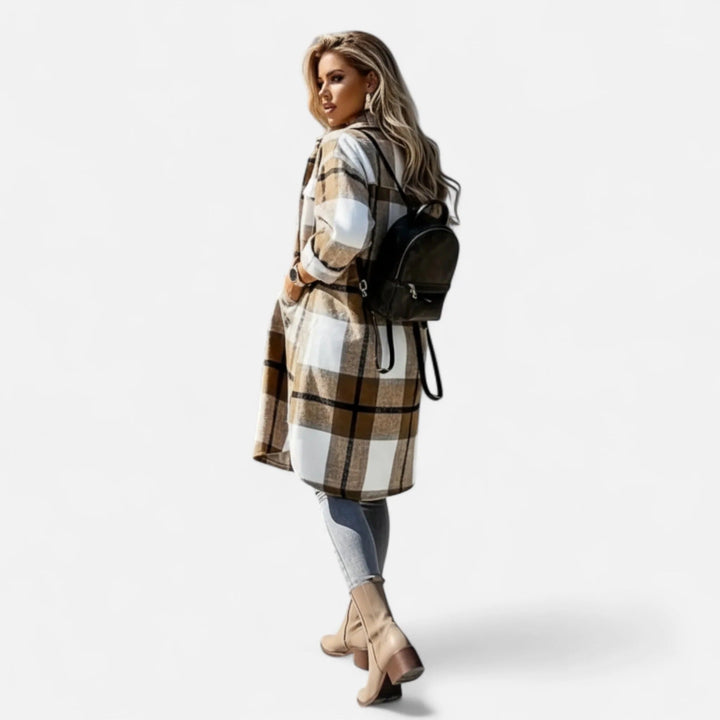 Women's Long Checked Shirt Jacket with Button Placket