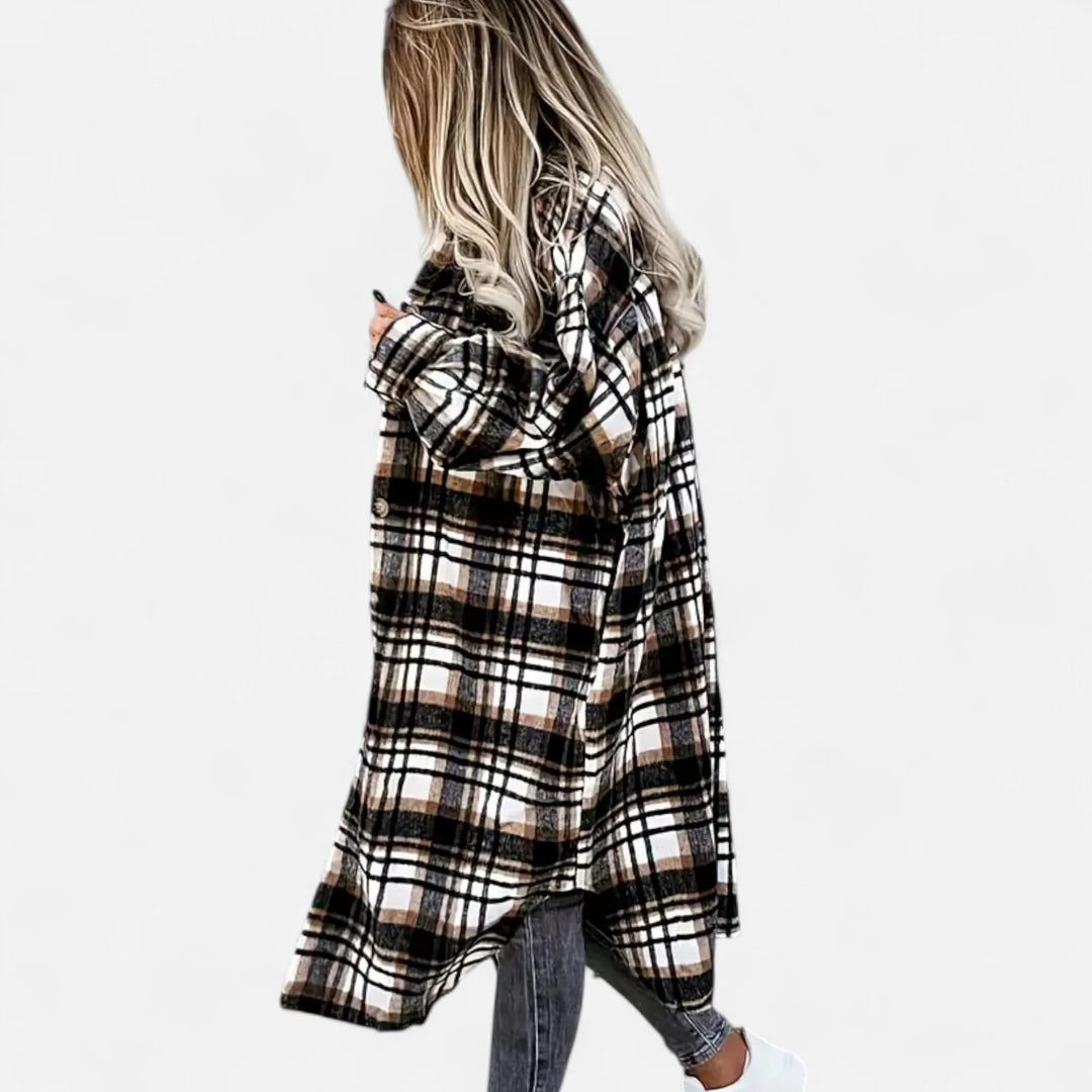 Women's Long Checked Shirt Jacket with Button Placket