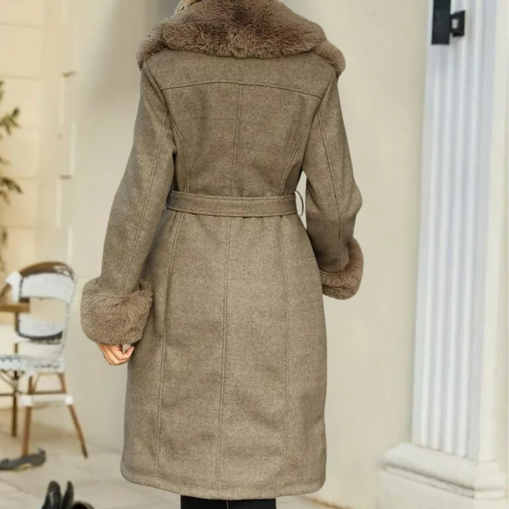 Women's Wool Blend Trench Coat with Faux Fur Collar 