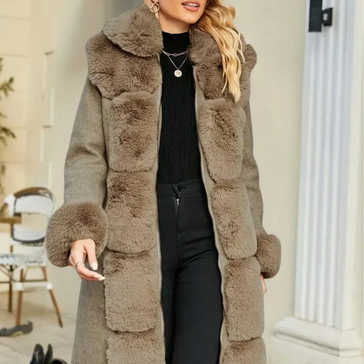 Women's Wool Blend Trench Coat with Faux Fur Collar 