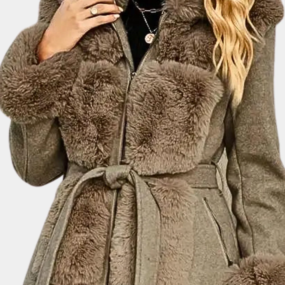 Women's Wool Blend Trench Coat with Faux Fur Collar 