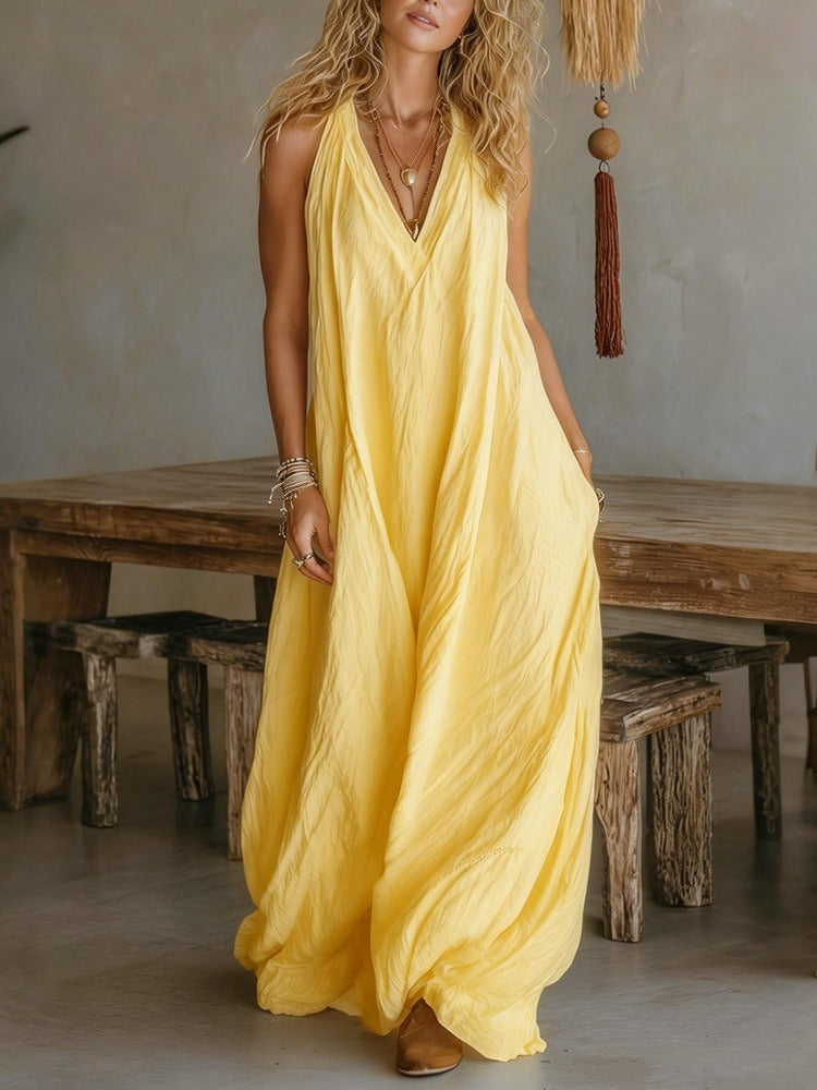 Women’s Sleeveless Pleated V-Neck Solid Maxi Dress
