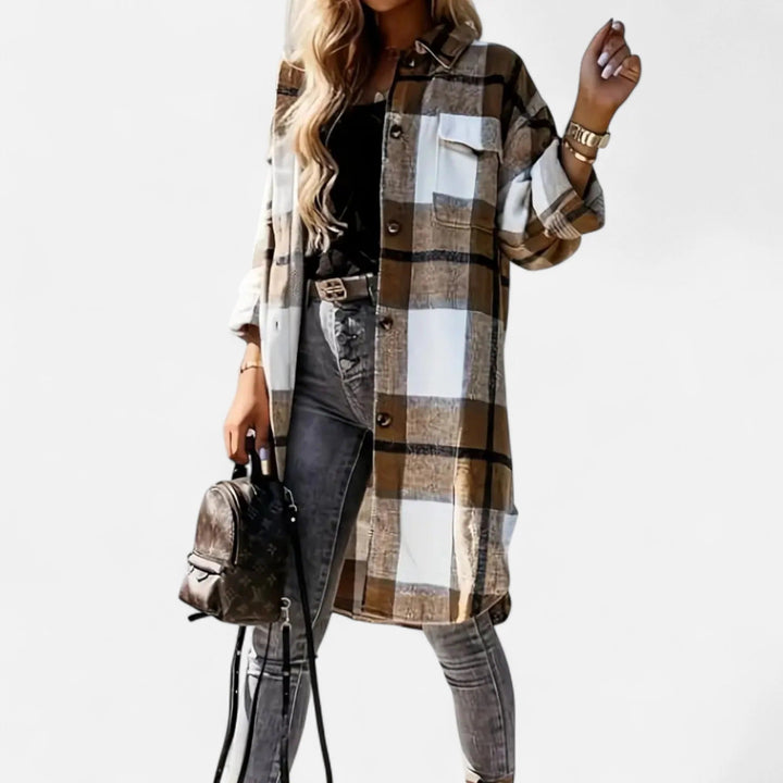 Women's Long Checked Shirt Jacket with Button Placket