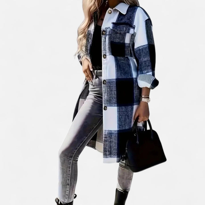 Women's Long Checked Shirt Jacket with Button Placket
