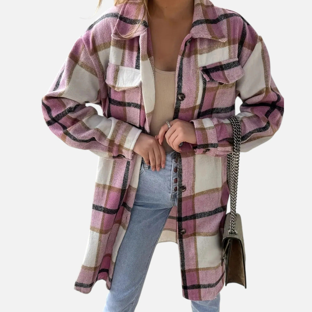 Women's Long Checked Shirt Jacket with Button Placket