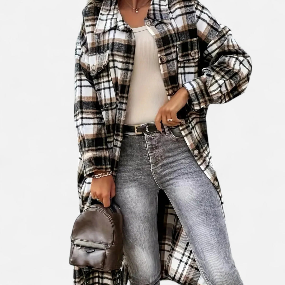 Women's Long Checked Shirt Jacket with Button Placket