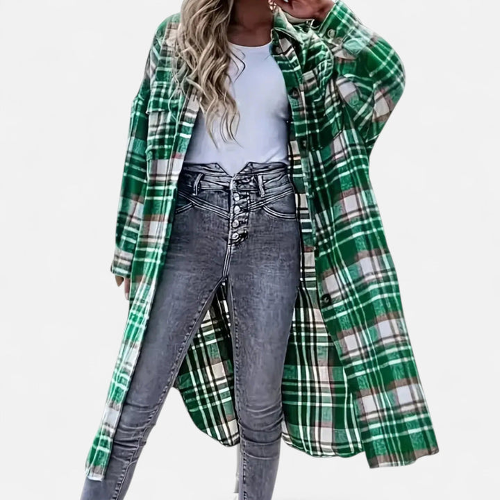 Women's Long Checked Shirt Jacket with Button Placket