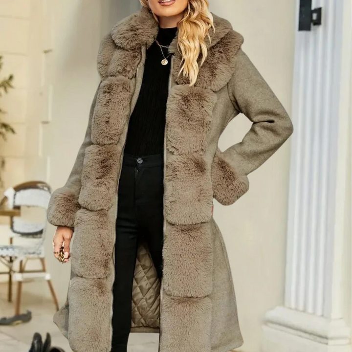 Women's Wool Blend Trench Coat with Faux Fur Collar 