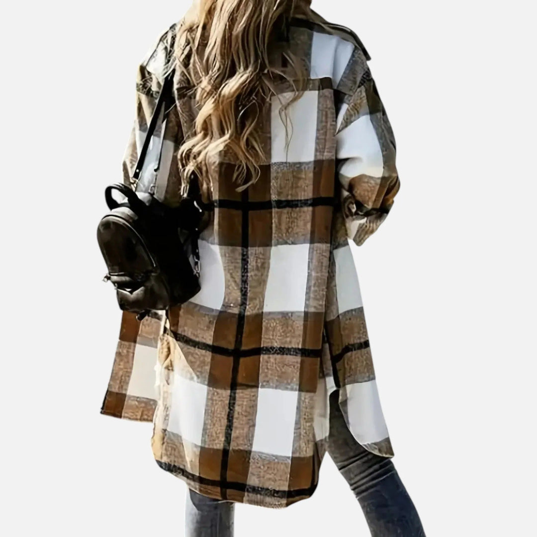 Women's Long Checked Shirt Jacket with Button Placket