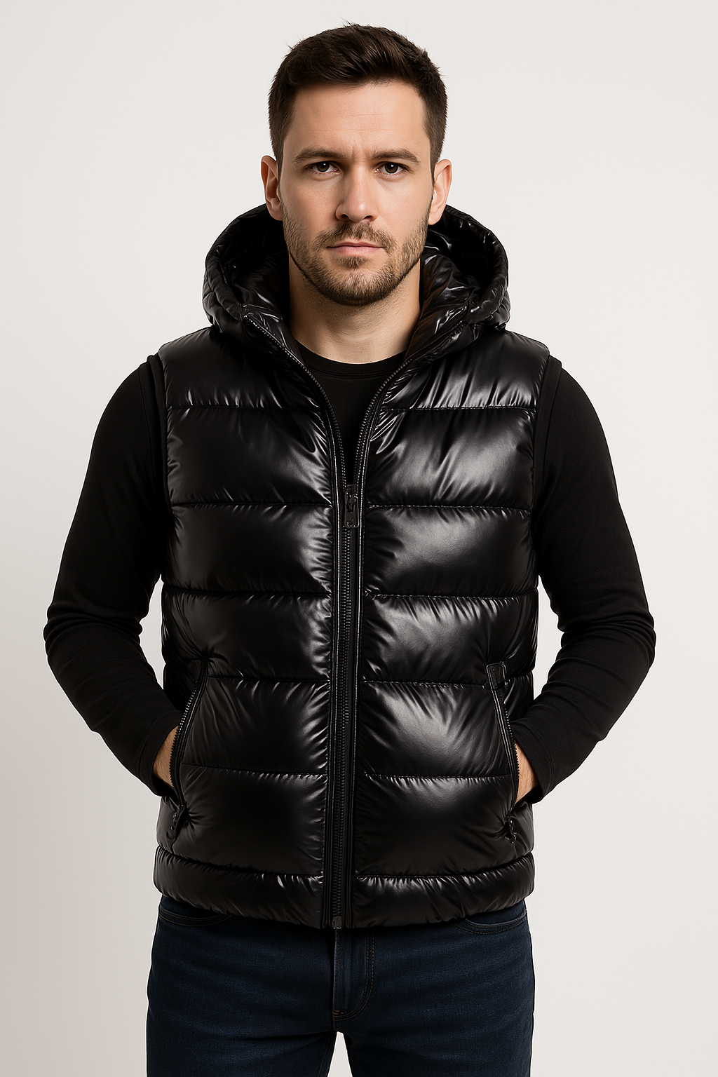 Men's Down Vest with Hood and Modern Design