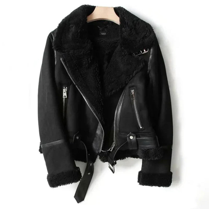 Women's leather jacket with sherpa lining and classic cut 