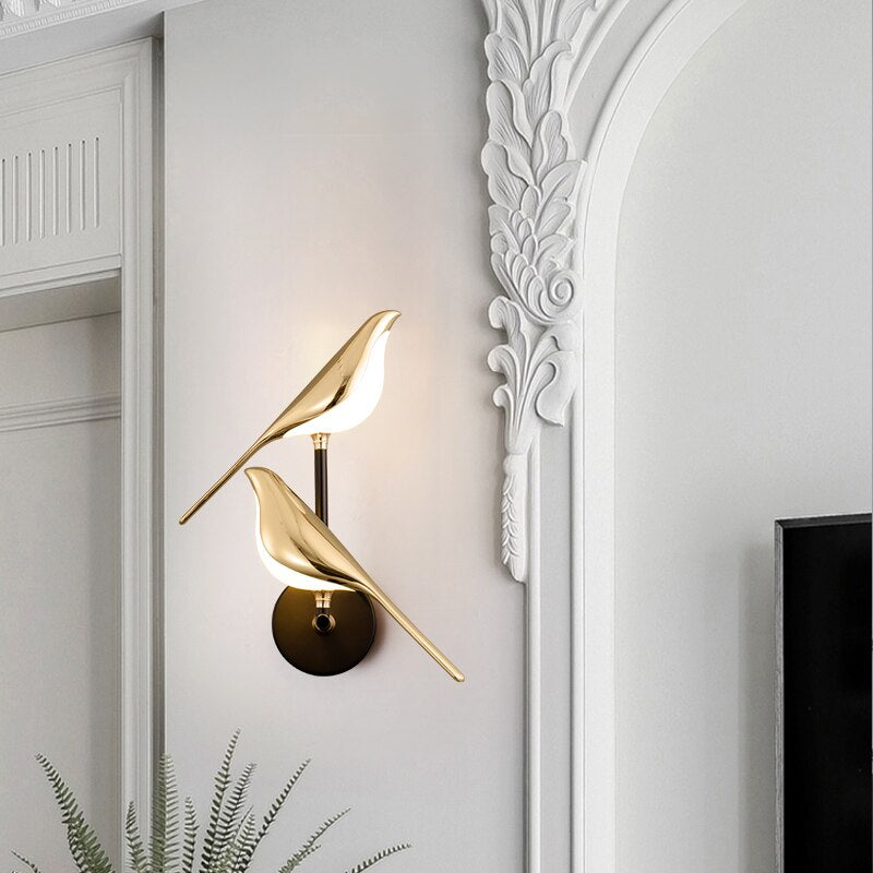 Playful modern LED wall light with bird motif for living room
