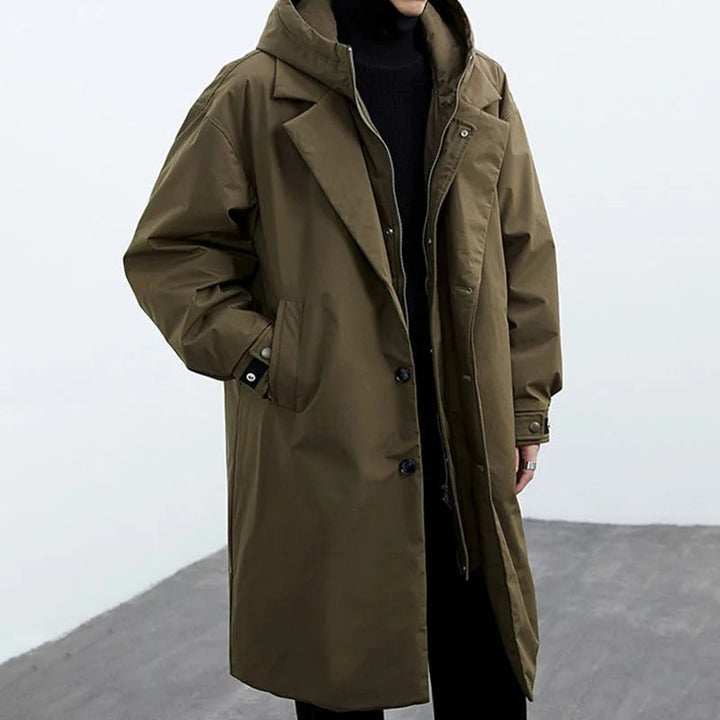 Men's Long Quilted Coat with Hood and Weatherproof Design