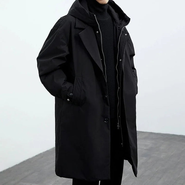 Men's Long Quilted Coat with Hood and Weatherproof Design