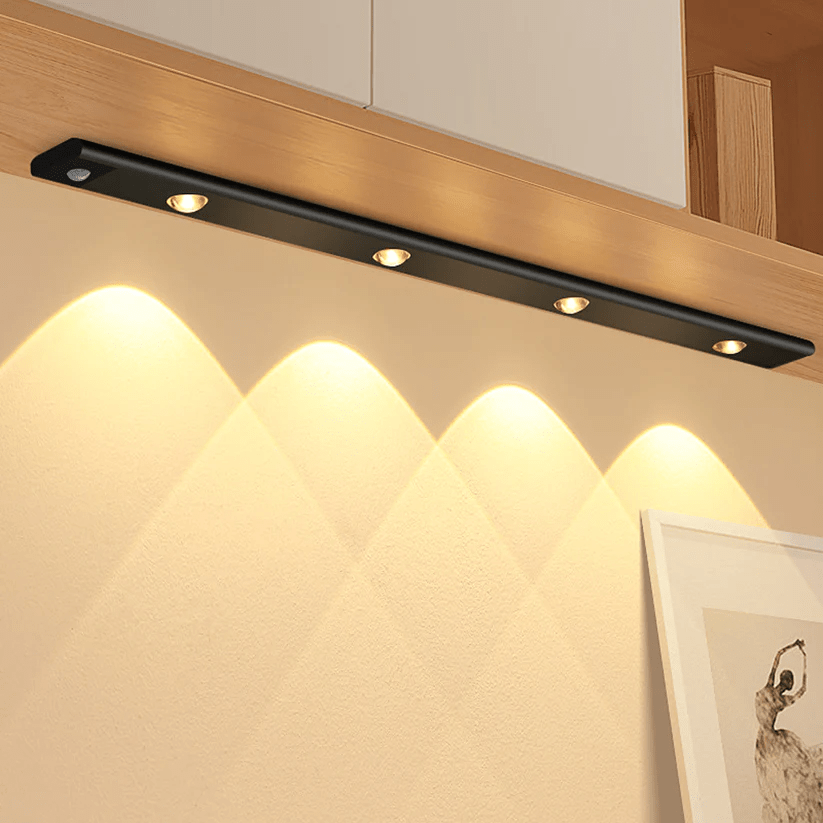 Motion-controlled LED light strip with adhesive mounting for hallway and closet