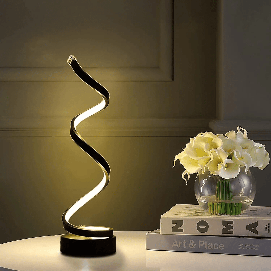 Spiral table lamp with warm light for modern living spaces