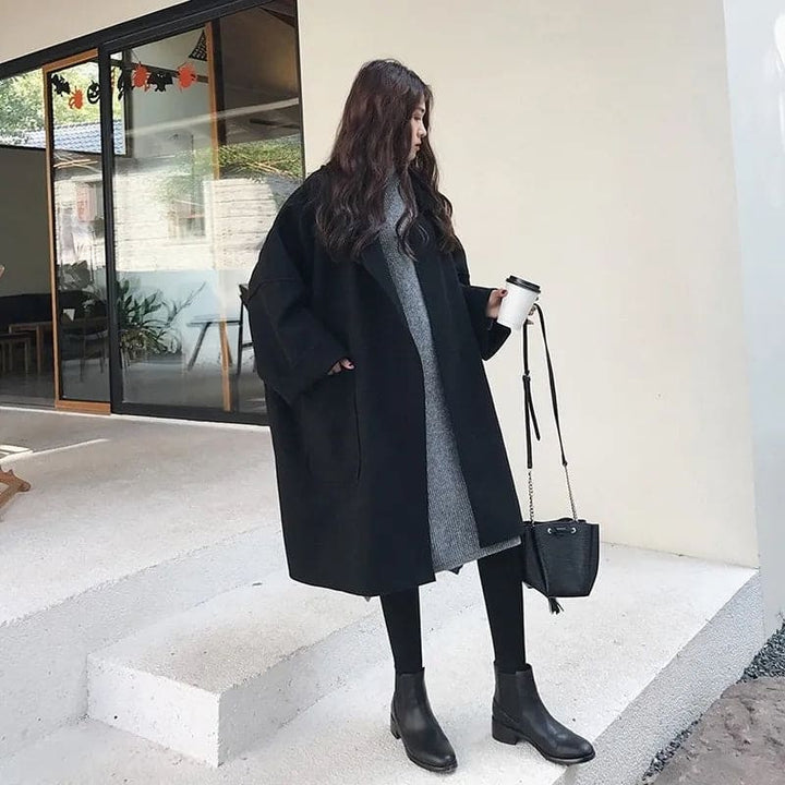 Women's Oversized Wool Blend Coat with Lapel Lace
