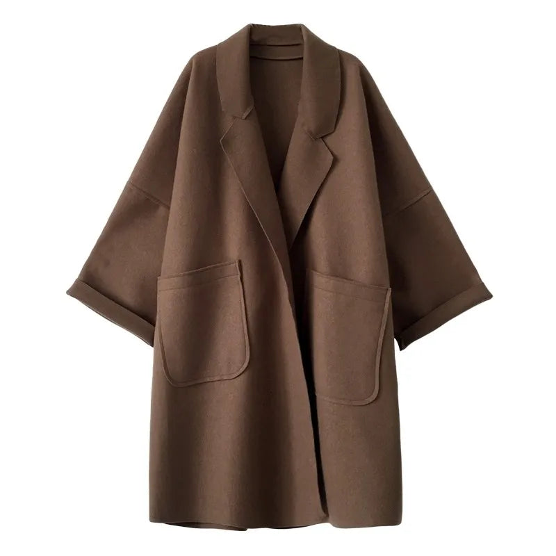 Women's Oversized Wool Blend Coat with Lapel Lace