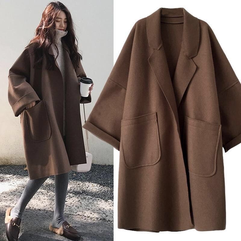 Women's Oversized Wool Blend Coat with Lapel Lace