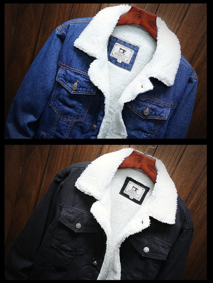 Men's denim jacket with fur lining and button placket