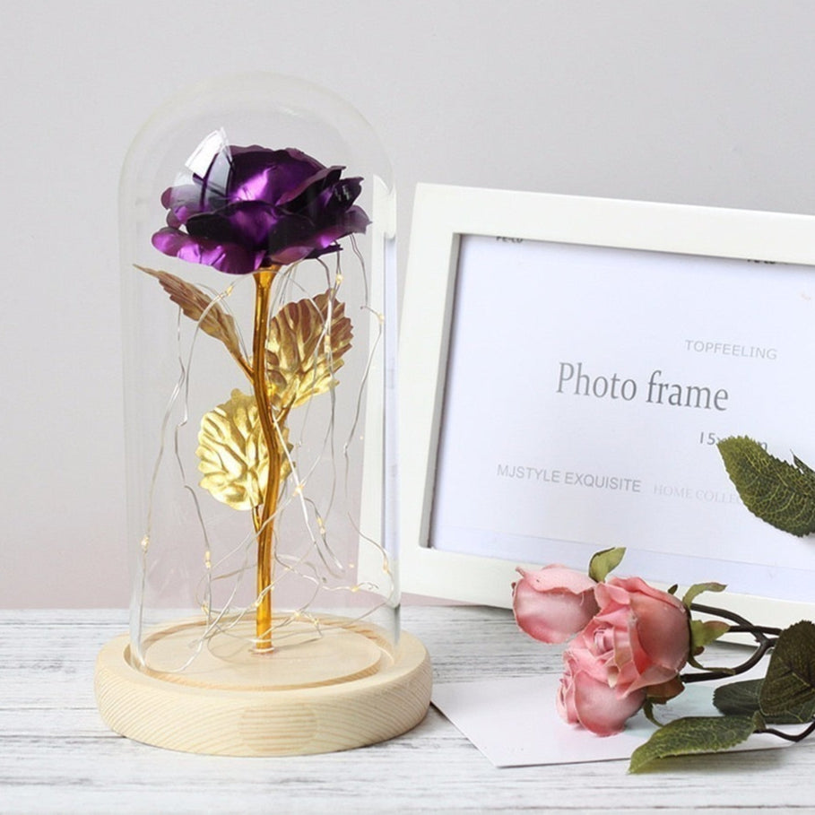 Glass bell with eternal rose and LED lights