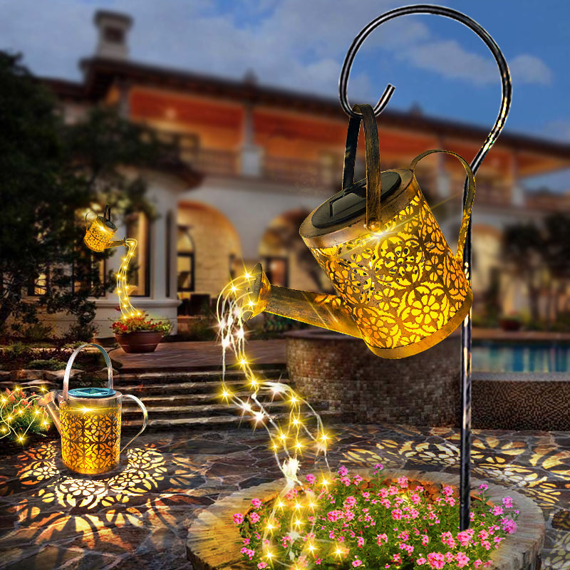 Solar-powered watering can light with LED light cascade for the garden