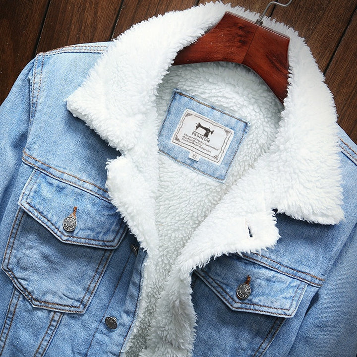 Men's denim jacket with fur lining and button placket