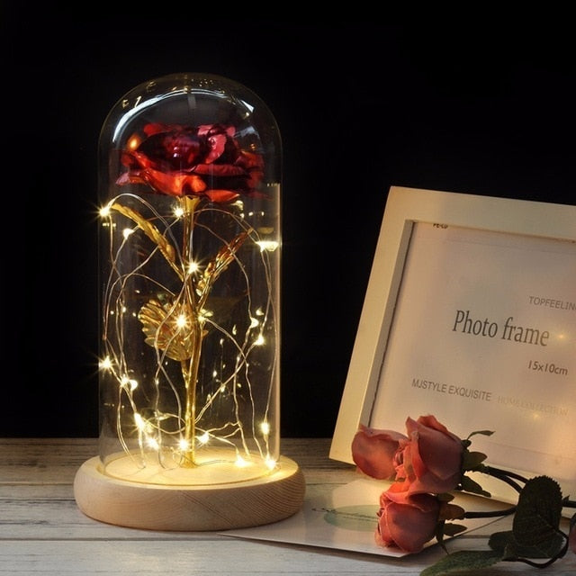 Glass bell with eternal rose and LED lights
