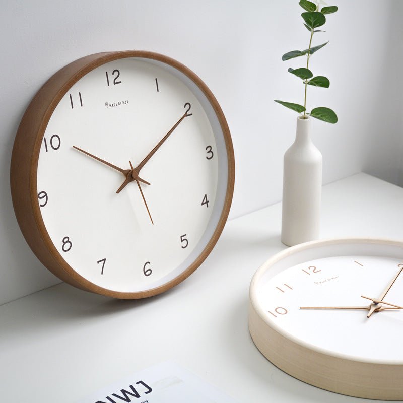 Round wooden clock with silent quartz movement for quiet rooms