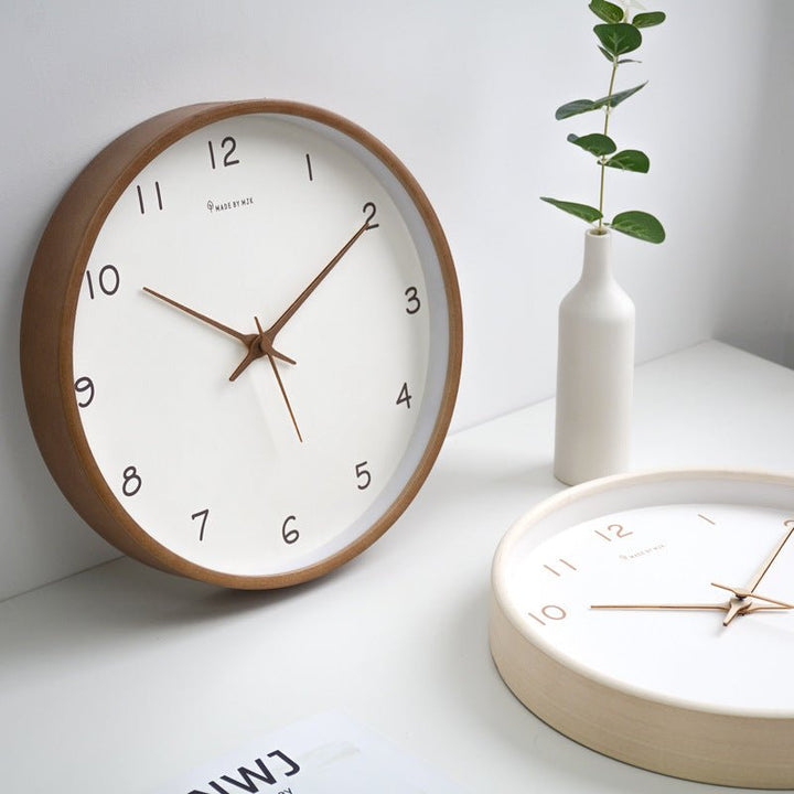 Round wooden clock with silent quartz movement for quiet rooms