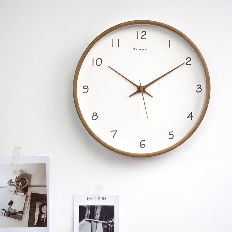 Round wooden clock with silent quartz movement for quiet rooms
