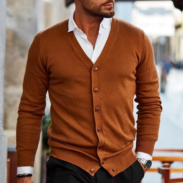 Men's Cardigan with V-Neck and Button Placket 