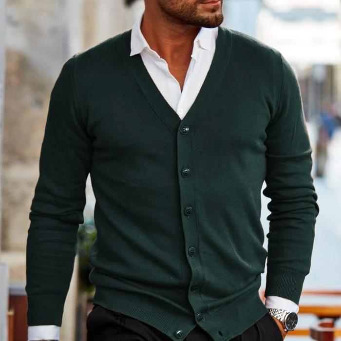 Men's Cardigan with V-Neck and Button Placket 